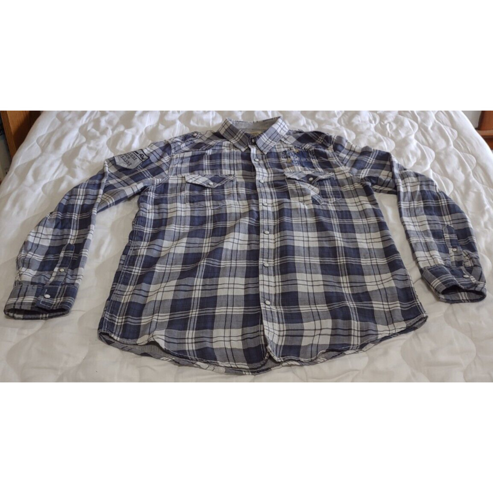 American Rag Cie Shirt Mens Large Snap Button Up Plaid 1968 1969 Patch Bowling